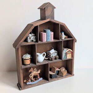 Vtg 8-Sectional Barn House Shaped Wood Curio Display Shadow Box w/ Miniatures